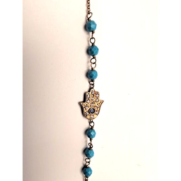 925 Vtg Hamas Hand Of Fatimata Evil Eye Blue beveled Beads Goldtone bracelet - Picture 2 of 11